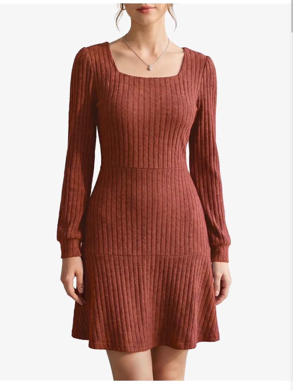 Ribbed Fit-and-Flare Long-Sleeve Square Neck Soft Dress in Rust